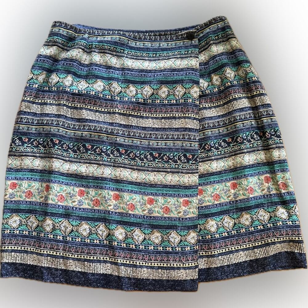 Vintage Hunt Club Navy Tan Floral Stripe Wrap Skirt Size 16
